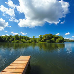 A serene landscape featuring a tranquil lake surrounded by lush green trees, under a bright blue sky with fluffy white clouds