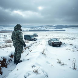 A poignant scene illustrating the frozen war in Ukraine, featuring a barren winter landscape with snow-covered trenches and abandoned military vehicles silently resting under a layer of frost
