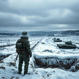 A poignant scene illustrating the frozen war in Ukraine, featuring a barren winter landscape with snow-covered trenches and abandoned military vehicles silently resting under a layer of frost