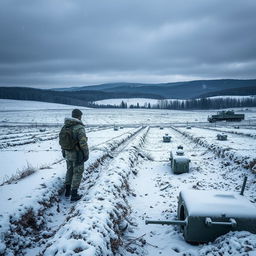 A poignant scene illustrating the frozen war in Ukraine, featuring a barren winter landscape with snow-covered trenches and abandoned military vehicles silently resting under a layer of frost