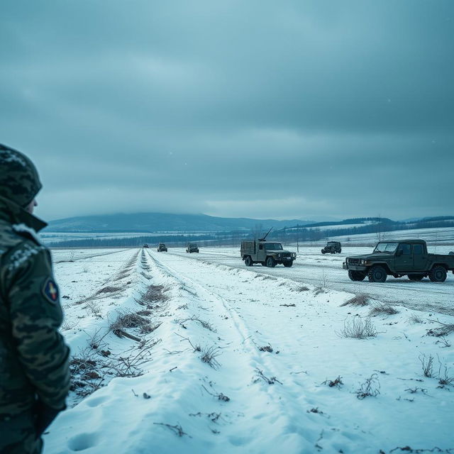 A poignant scene illustrating the frozen war in Ukraine, featuring a barren winter landscape with snow-covered trenches and abandoned military vehicles silently resting under a layer of frost