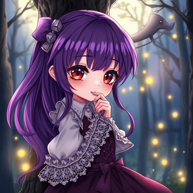 A cute anime vampire girl with long purple hair and striking red eyes, depicted as a shy character