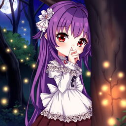 A cute anime vampire girl with long purple hair and striking red eyes, depicted as a shy character