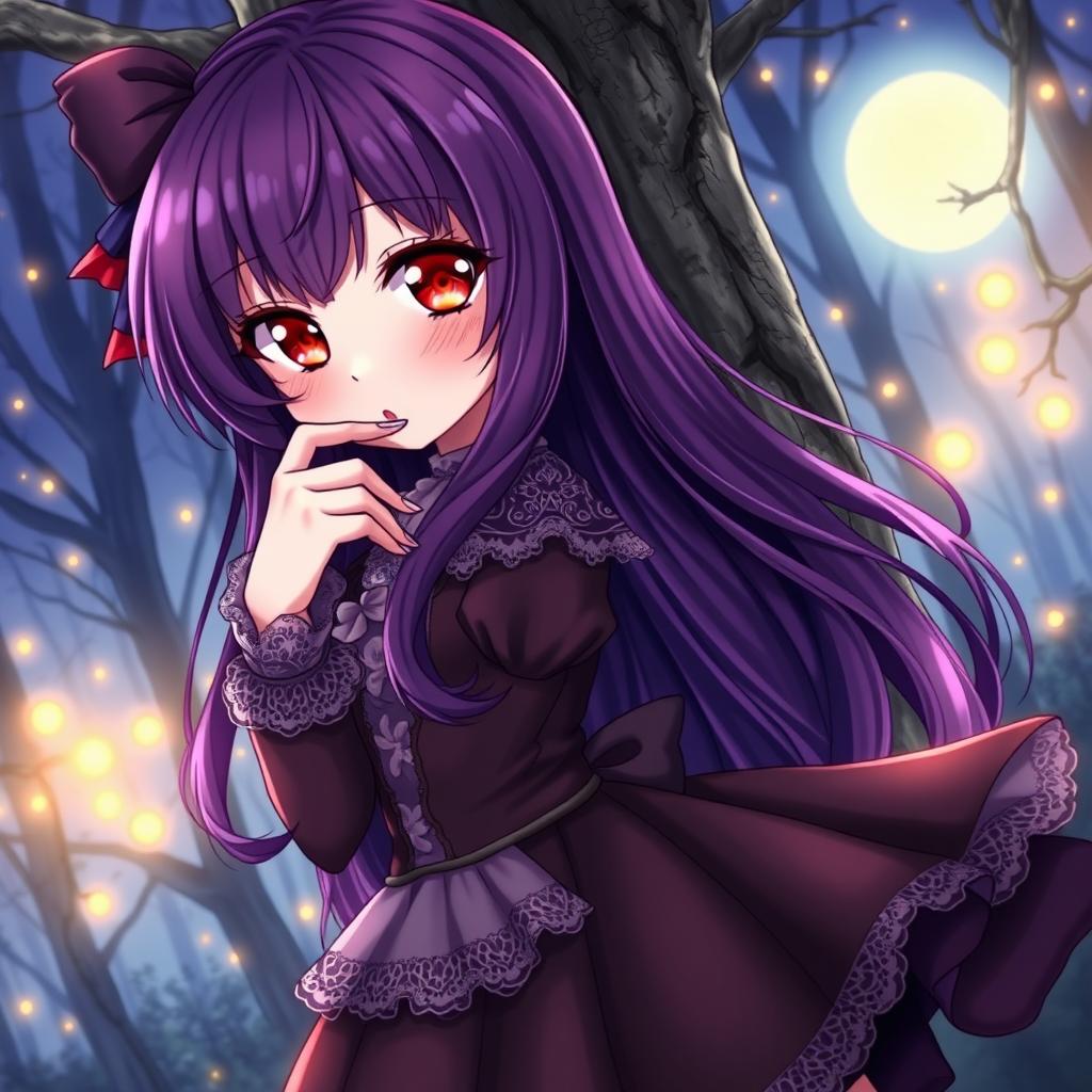 A cute anime vampire girl with long purple hair and striking red eyes, depicted as a shy character