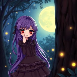 A cute anime vampire girl with long purple hair and striking red eyes, depicted as a shy character