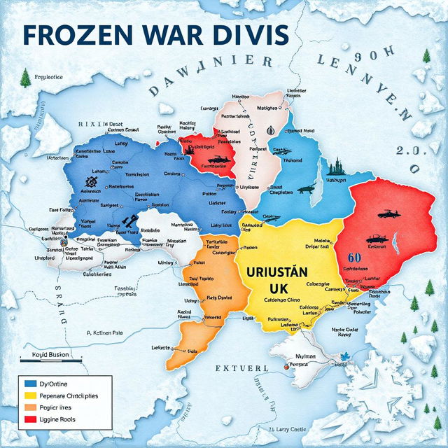 An illustrated map depicting the frozen war divisions in Ukraine, featuring detailed regions marked with various colors to indicate conflict zones and territorial disputes