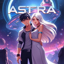 An eye-catching animated book cover set in a distant future, featuring the orbital colony called Astra in the background with sleek, futuristic architecture