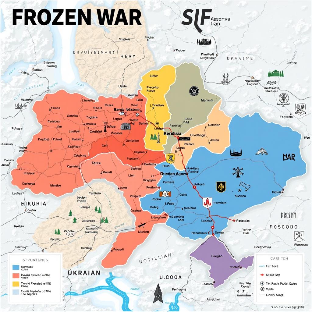 An illustrated map depicting the frozen war divisions in Ukraine, featuring detailed regions marked with various colors to indicate conflict zones and territorial disputes