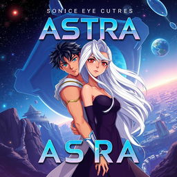An eye-catching animated book cover set in a distant future, featuring the orbital colony called Astra in the background with sleek, futuristic architecture