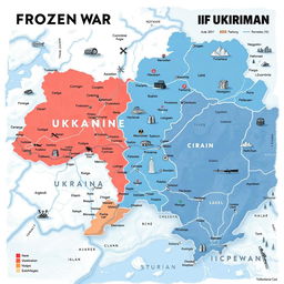 An illustrated map depicting the frozen war divisions in Ukraine, featuring detailed regions marked with various colors to indicate conflict zones and territorial disputes