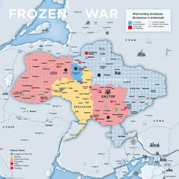 An illustrated map depicting the frozen war divisions in Ukraine, featuring detailed regions marked with various colors to indicate conflict zones and territorial disputes