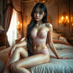 A stunning Japanese girl in a seductive pose, wearing a strapless pink bra and matching panties made of delicate lace, both see-through and adding an element of allure