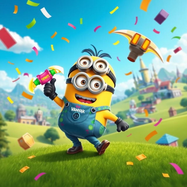 A whimsical scene featuring a Minion character styled as a Fortnite player named 'Vanyak'