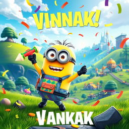 A whimsical scene featuring a Minion character styled as a Fortnite player named 'Vanyak'