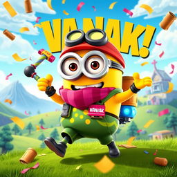 A whimsical scene featuring a Minion character styled as a Fortnite player named 'Vanyak'