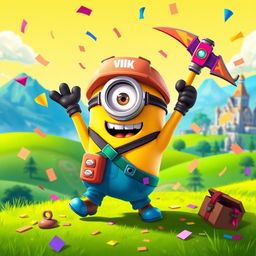 A whimsical scene featuring a Minion character styled as a Fortnite player named 'Vanyak'