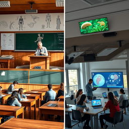 An educational scene showcasing two contrasting biology classrooms side by side