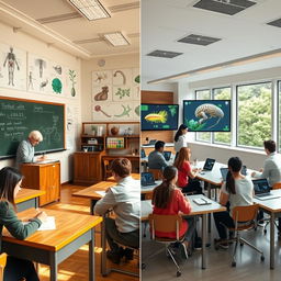 An educational scene showcasing two contrasting biology classrooms side by side