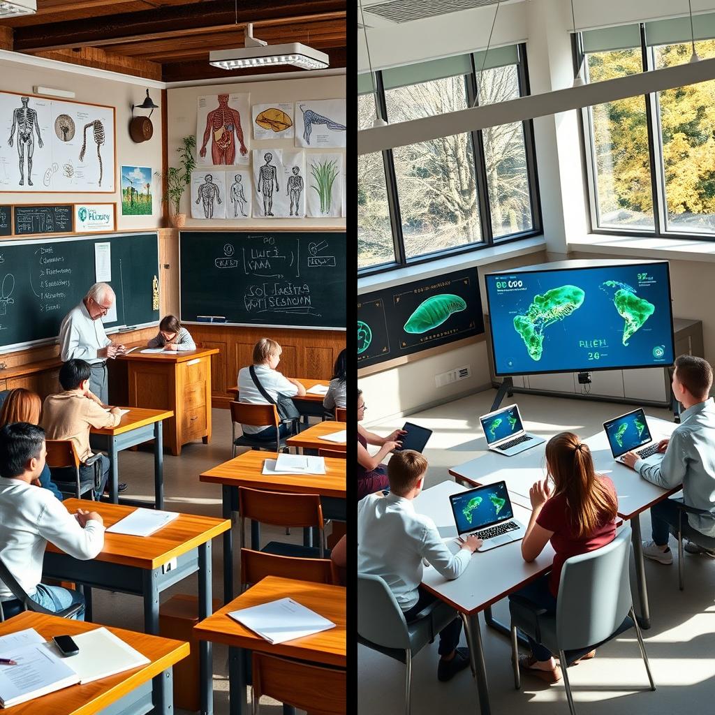 An educational scene showcasing two contrasting biology classrooms side by side