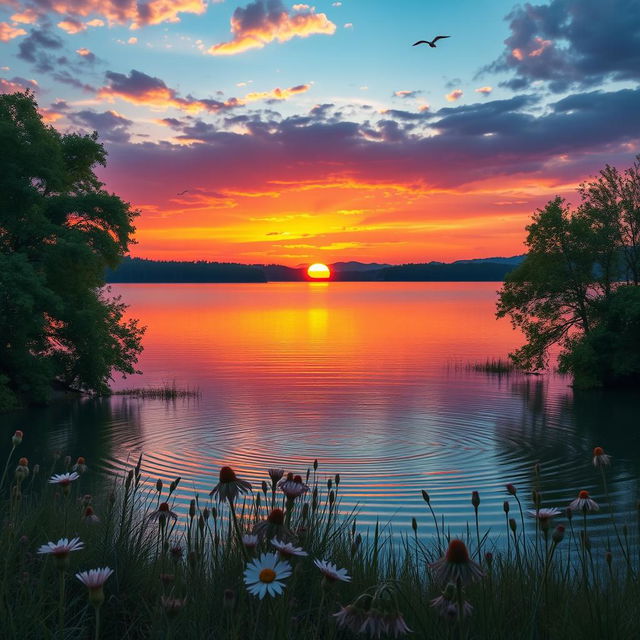 A stunning landscape featuring a breathtaking sunset over a serene lake, with vibrant orange, pink, and purple colors reflecting off the water