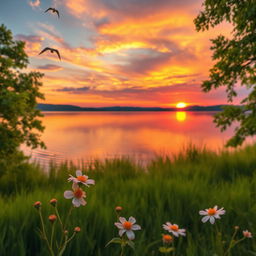 A stunning landscape featuring a breathtaking sunset over a serene lake, with vibrant orange, pink, and purple colors reflecting off the water