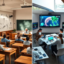 An educational scene showcasing two contrasting biology classrooms side by side
