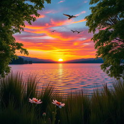 A stunning landscape featuring a breathtaking sunset over a serene lake, with vibrant orange, pink, and purple colors reflecting off the water