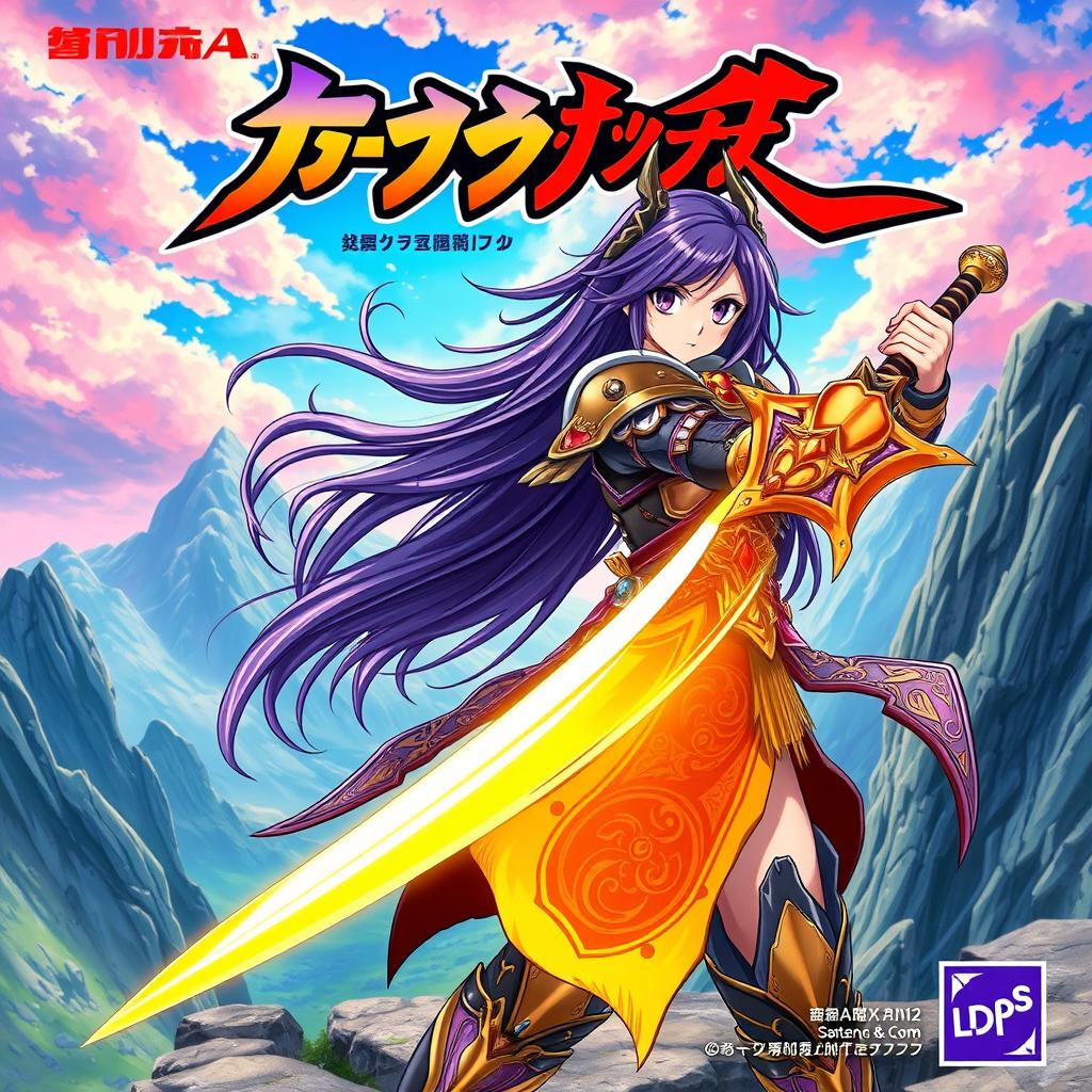 An anime game cover featuring a vibrant and striking character design of a fierce female warrior, dressed in elaborate armor with intricate patterns, wielding a glowing sword