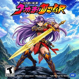 An anime game cover featuring a vibrant and striking character design of a fierce female warrior, dressed in elaborate armor with intricate patterns, wielding a glowing sword