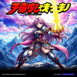 An anime game cover featuring a vibrant and striking character design of a fierce female warrior, dressed in elaborate armor with intricate patterns, wielding a glowing sword