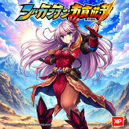 An anime game cover featuring a vibrant and striking character design of a fierce female warrior, dressed in elaborate armor with intricate patterns, wielding a glowing sword