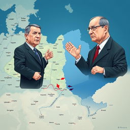 A creative illustration featuring the Ukrainian president standing on the western side of a detailed map of Ukraine, while the Russian president is depicted on the eastern side