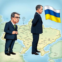 A creative illustration featuring the Ukrainian president standing on the western side of a detailed map of Ukraine, while the Russian president is depicted on the eastern side