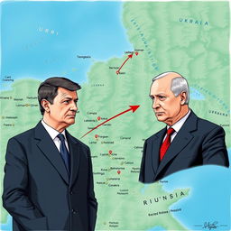 A creative illustration featuring the Ukrainian president standing on the western side of a detailed map of Ukraine, while the Russian president is depicted on the eastern side