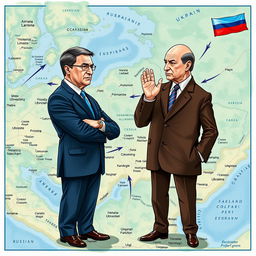 A creative illustration featuring the Ukrainian president standing on the western side of a detailed map of Ukraine, while the Russian president is depicted on the eastern side