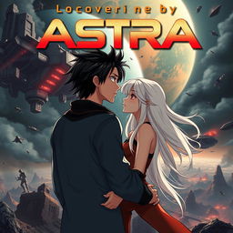 An engaging animated book cover set in a distant dystopian future, featuring the orbital colony called Astra in the background, showcasing a blend of high-tech structures and the remnants of the ruined planet Gaia