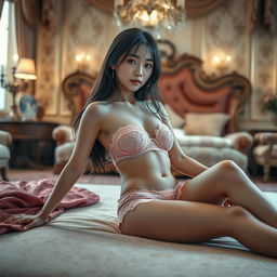 A captivating Japanese girl in a sexy, seductive pose, wearing a strapless pink bra and matching panties, both made of beautiful lace and completely see-through