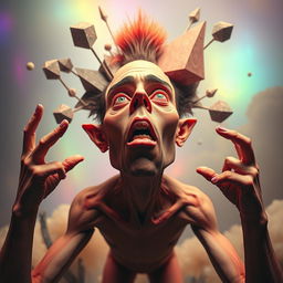 A surreal and artistic representation of ballbusting, focusing on an abstract human form with exaggerated features and vibrant colors