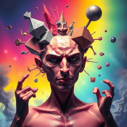 A surreal and artistic representation of ballbusting, focusing on an abstract human form with exaggerated features and vibrant colors