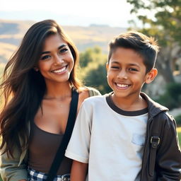A couple of gorgeous siblings, exuding charm and charisma, standing together in a serene outdoor setting