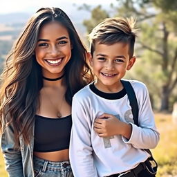 A couple of gorgeous siblings, exuding charm and charisma, standing together in a serene outdoor setting