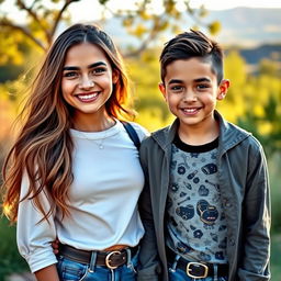 A couple of gorgeous siblings, exuding charm and charisma, standing together in a serene outdoor setting
