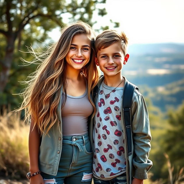 A couple of gorgeous siblings, exuding charm and charisma, standing together in a serene outdoor setting