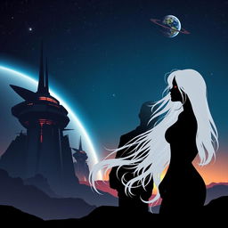 A romantic book cover set in a distant future, showcasing the silhouette of the orbital colony called Astra, with its sleek and futuristic structures visible in the background