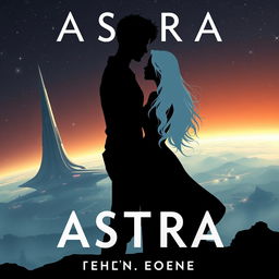 A romantic book cover set in a distant future, showcasing the silhouette of the orbital colony called Astra, with its sleek and futuristic structures visible in the background