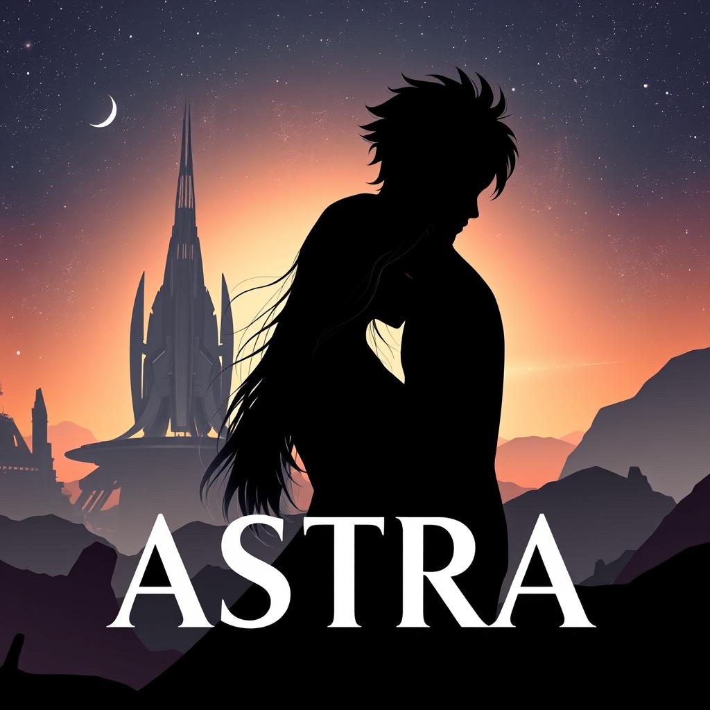 A romantic book cover set in a distant future, showcasing the silhouette of the orbital colony called Astra, with its sleek and futuristic structures visible in the background