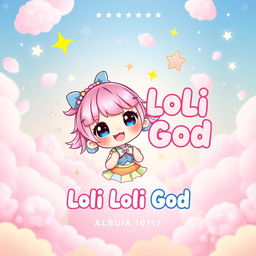 A whimsical and enchanting music cover for a song titled "Loli Loli God", featuring a cute and playful chibi-style character with large expressive eyes and colorful hair