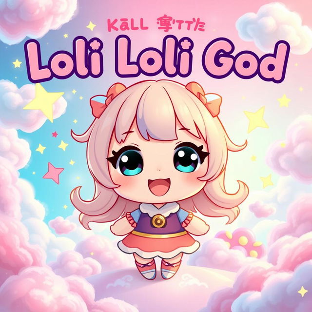 A whimsical and enchanting music cover for a song titled "Loli Loli God", featuring a cute and playful chibi-style character with large expressive eyes and colorful hair