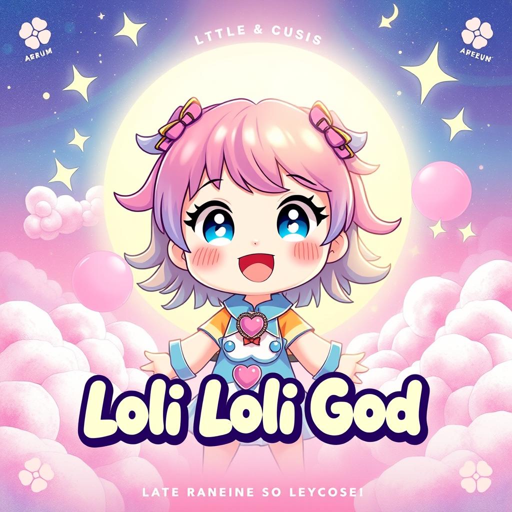 A whimsical and enchanting music cover for a song titled "Loli Loli God", featuring a cute and playful chibi-style character with large expressive eyes and colorful hair