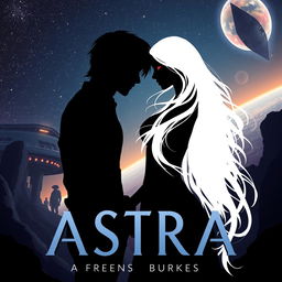 A romantic book cover set in a distant future, illustrating the orbital colony known as Astra with its futuristic design in the background
